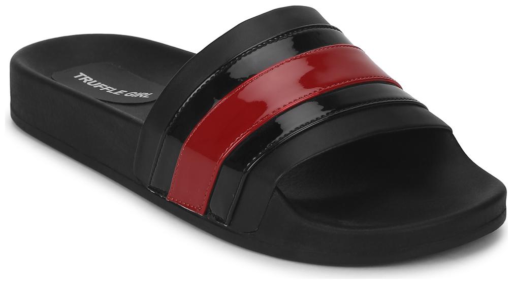 

Truffle Collection Black PU Slides with Black-Red Stripes