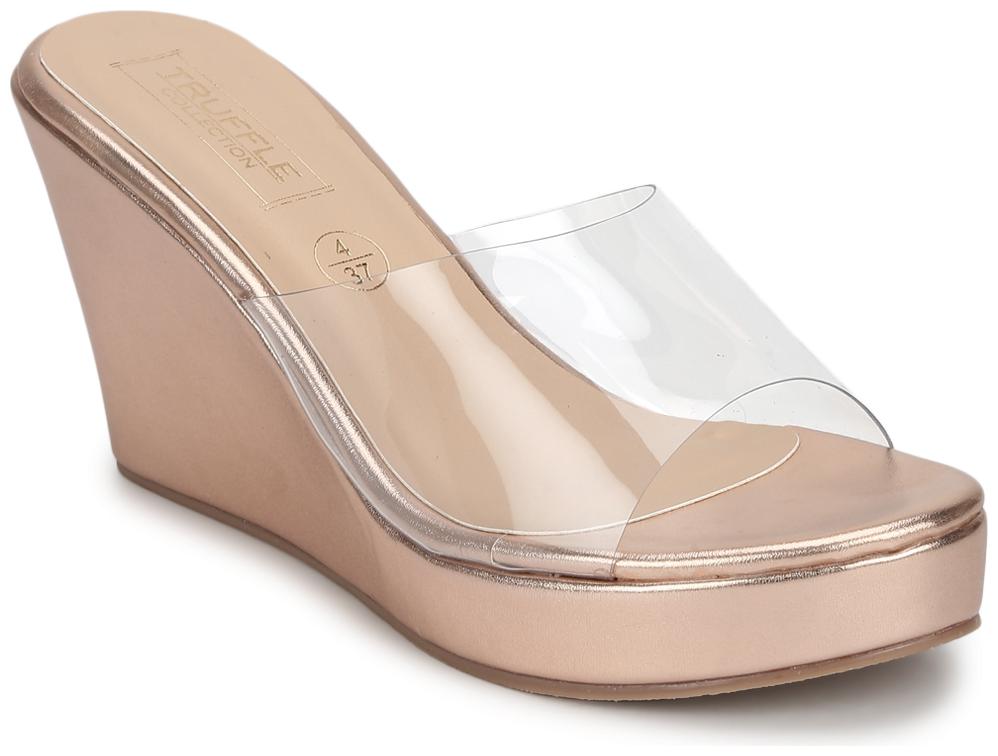

Truffle Collection Rosegold Clear Strap Peep Toe Slip On Wedges