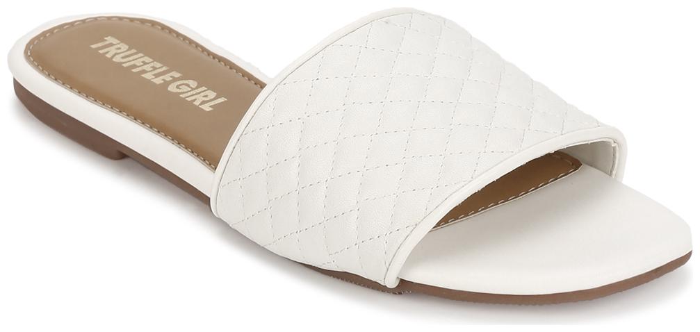 

Truffle Collection White Quilted PU Slide on Flat Sandals