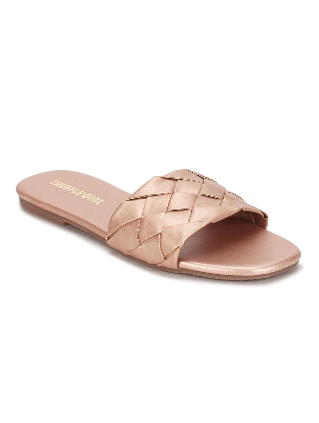 

Truffle Collection Rose Gold PU Woven Slide On Flat Sandals