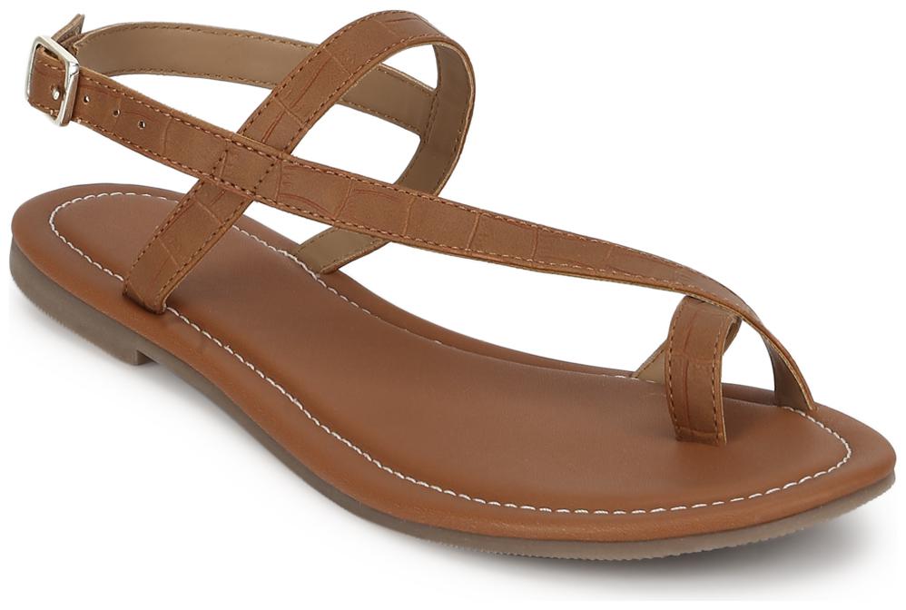 

Truffle Collection Tan Ankle Strap Croc PU Flat Sandals