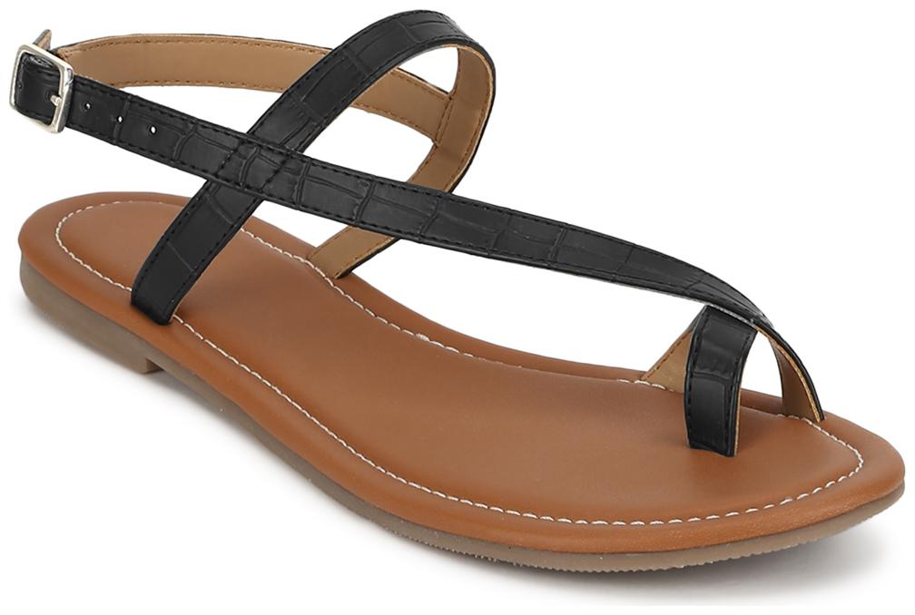 

Truffle Collection Black Ankle Strap Croc PU Flat Sandals