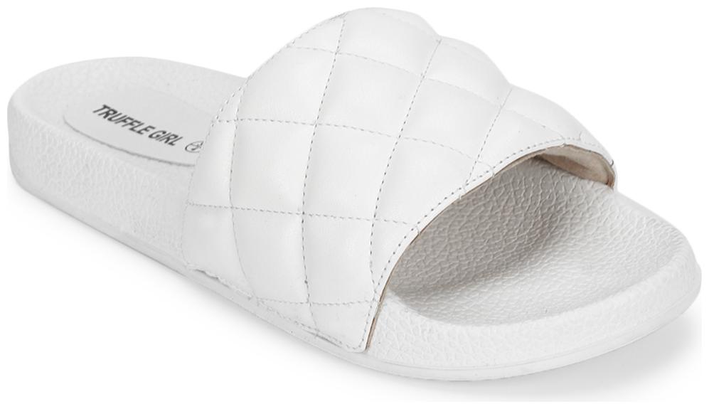 

Truffle Collection White PU Crisscross Quilted Slip Ons