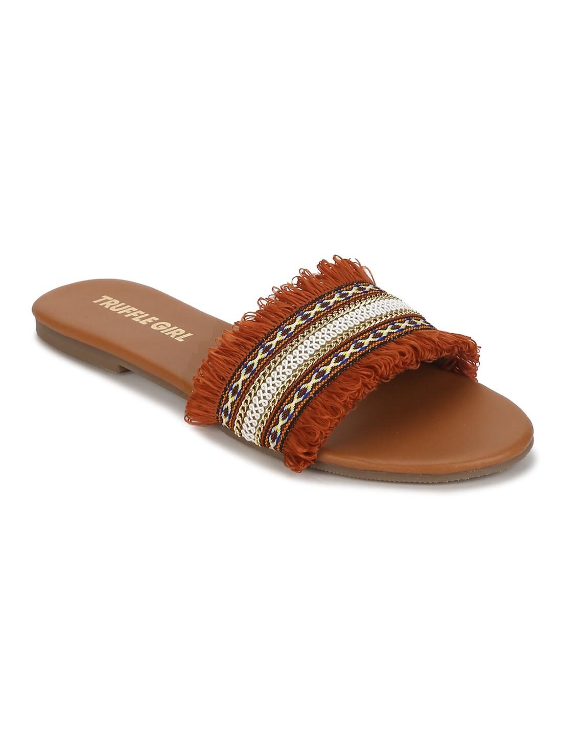 

Truffle Collection Rust Crochet Frills PU Slide on Flat Sandals