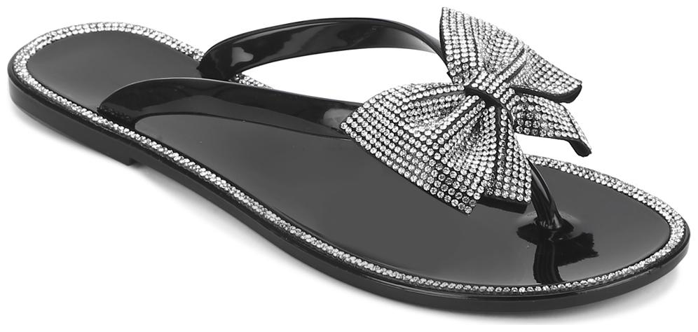 

Truffle Collection Black PVC Diamante Bow Slip On Flats
