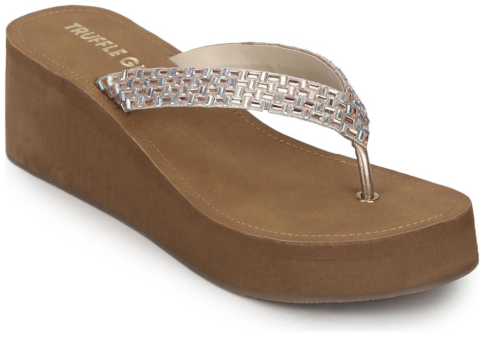 

Truffle Collection Rose Gold Shimmer Knitted Strap Slip On Wedges