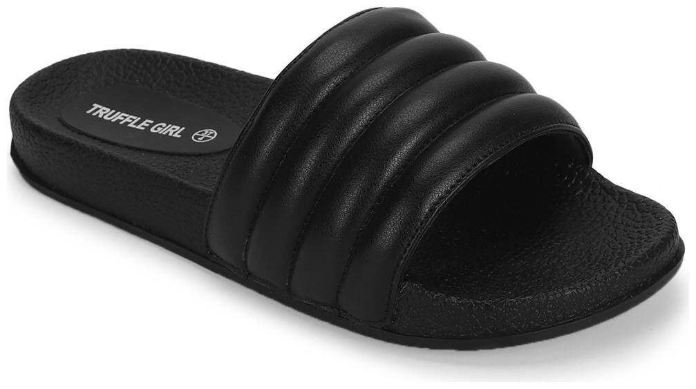 

Truffle Collection Black PU Line Quilted Slip Ons