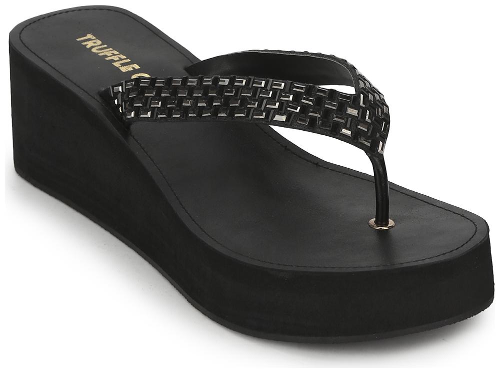 

Truffle Collection Black PU Shimmer Knitted Strap Slip On Wedges