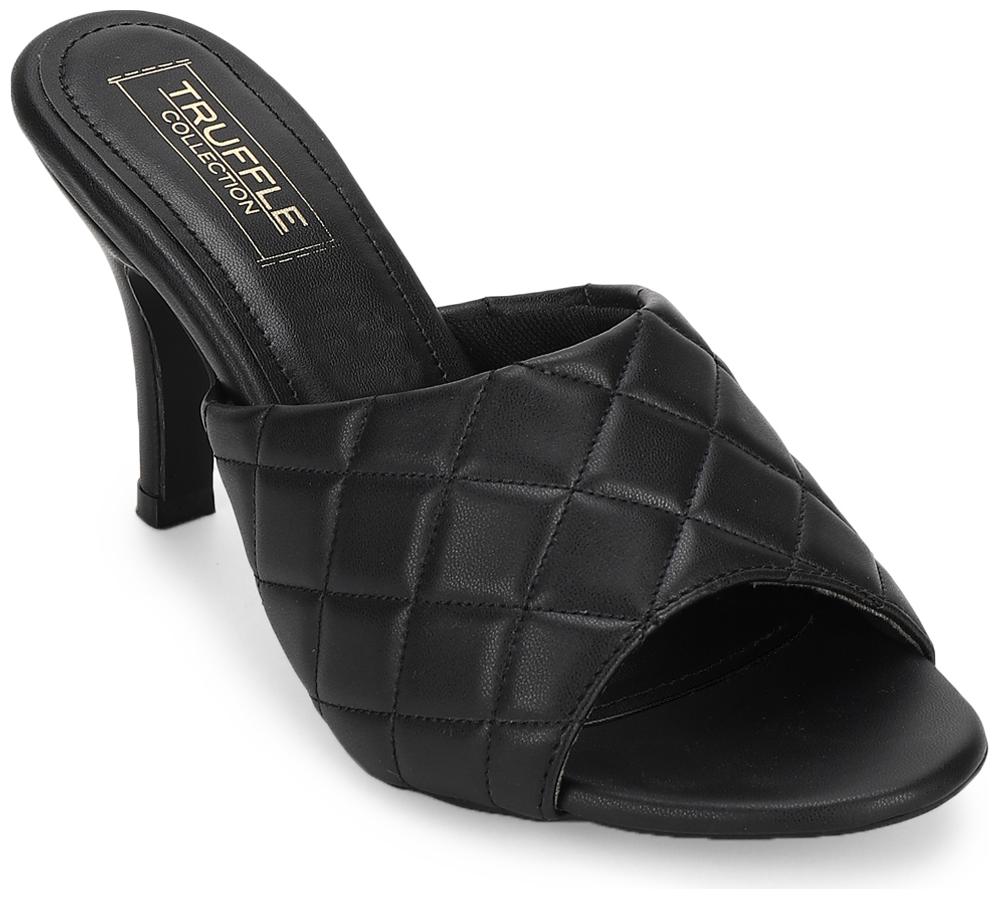 

Truffle Collection Black PU Quilted High Heel Mules