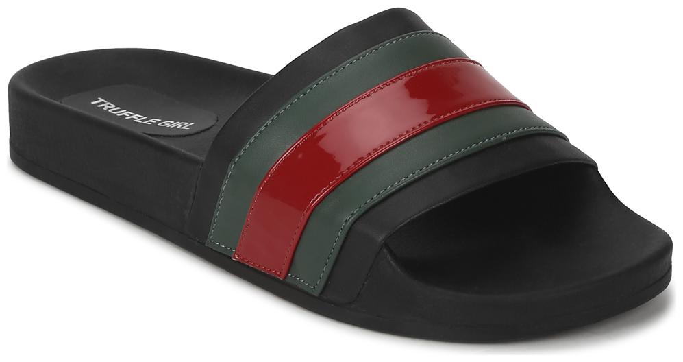 

Truffle Collection Black PU Slides with Green-Red Stripes