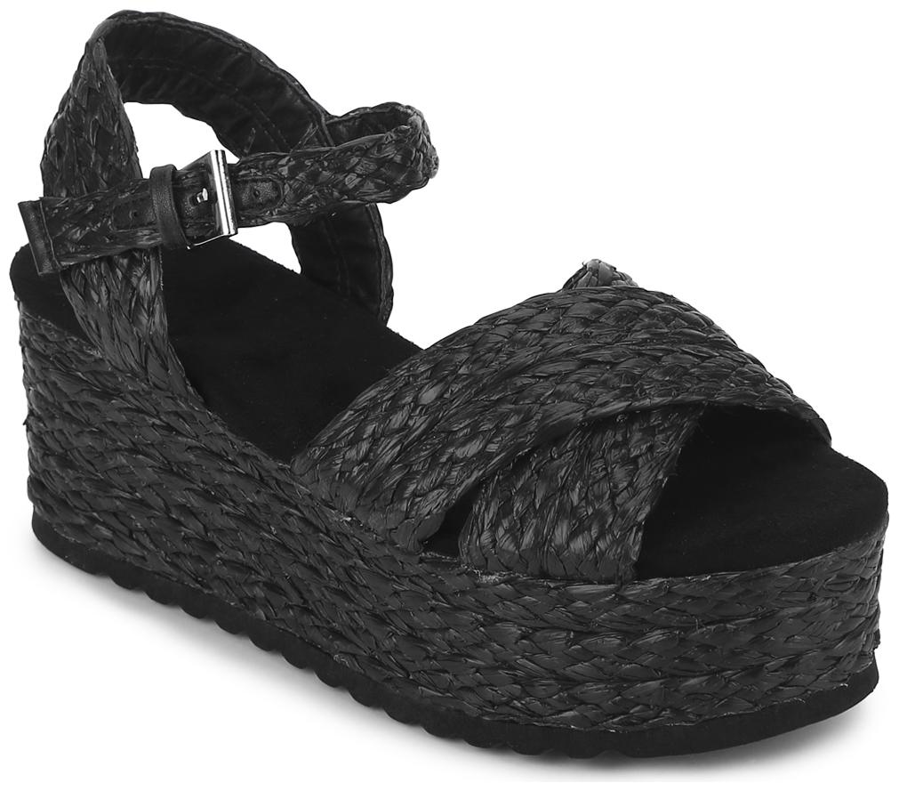 

Truffle Collection Black Weave Textile Wedges