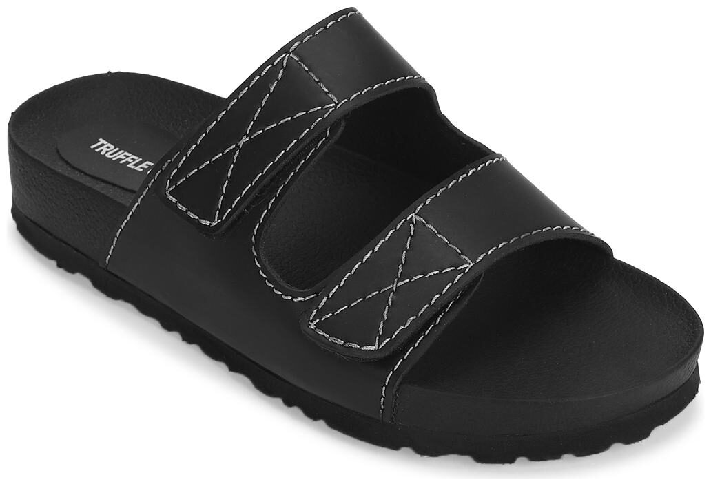

Truffle Collection Black PU Slip Ons With Front Straps