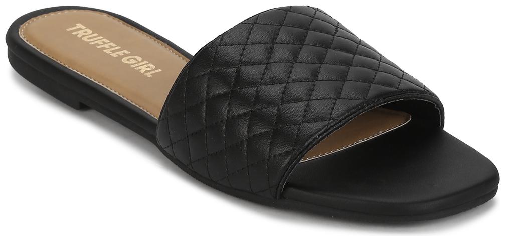 

Truffle Collection Black Quilted PU Slide on Flat Sandals