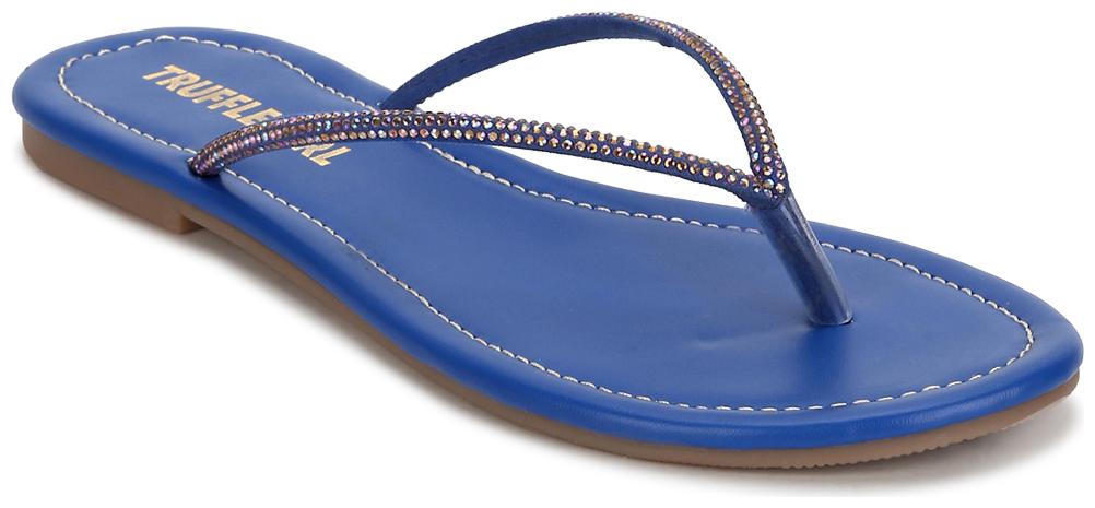 

Truffle Collection Embellished Blue PU Slip on Flat Sandals