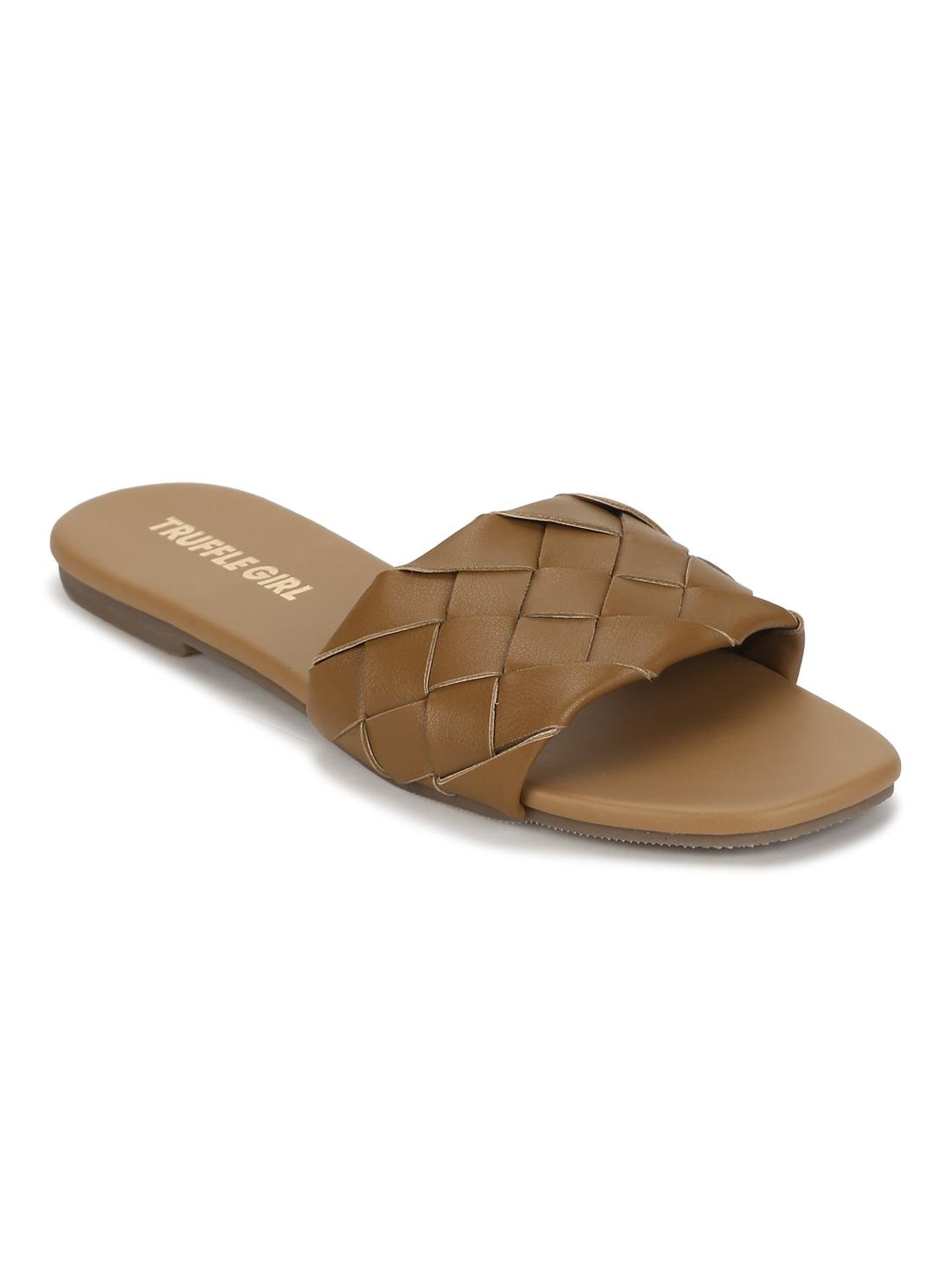 

Truffle Collection Camel PU Woven Slide On Flat Sandals