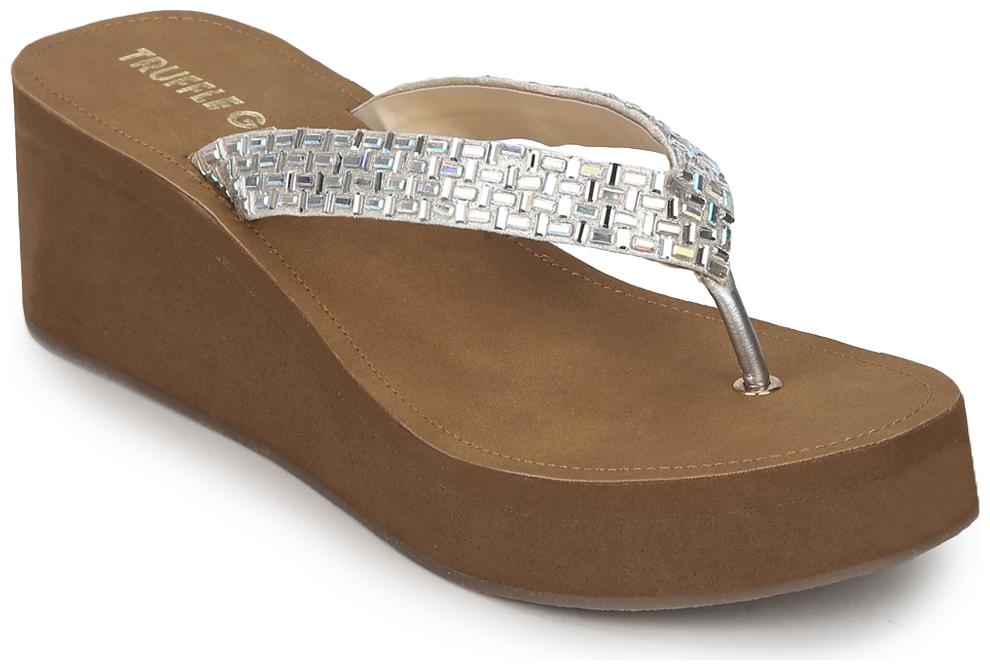 

Truffle Collection Silver PU Shimmer Knitted Strap Slip On Wedges