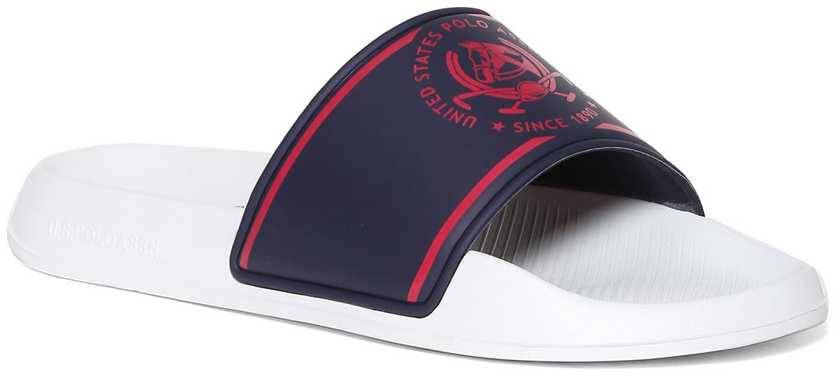

U S Polo Assn White And Navy Printed Vamp Strap Slides