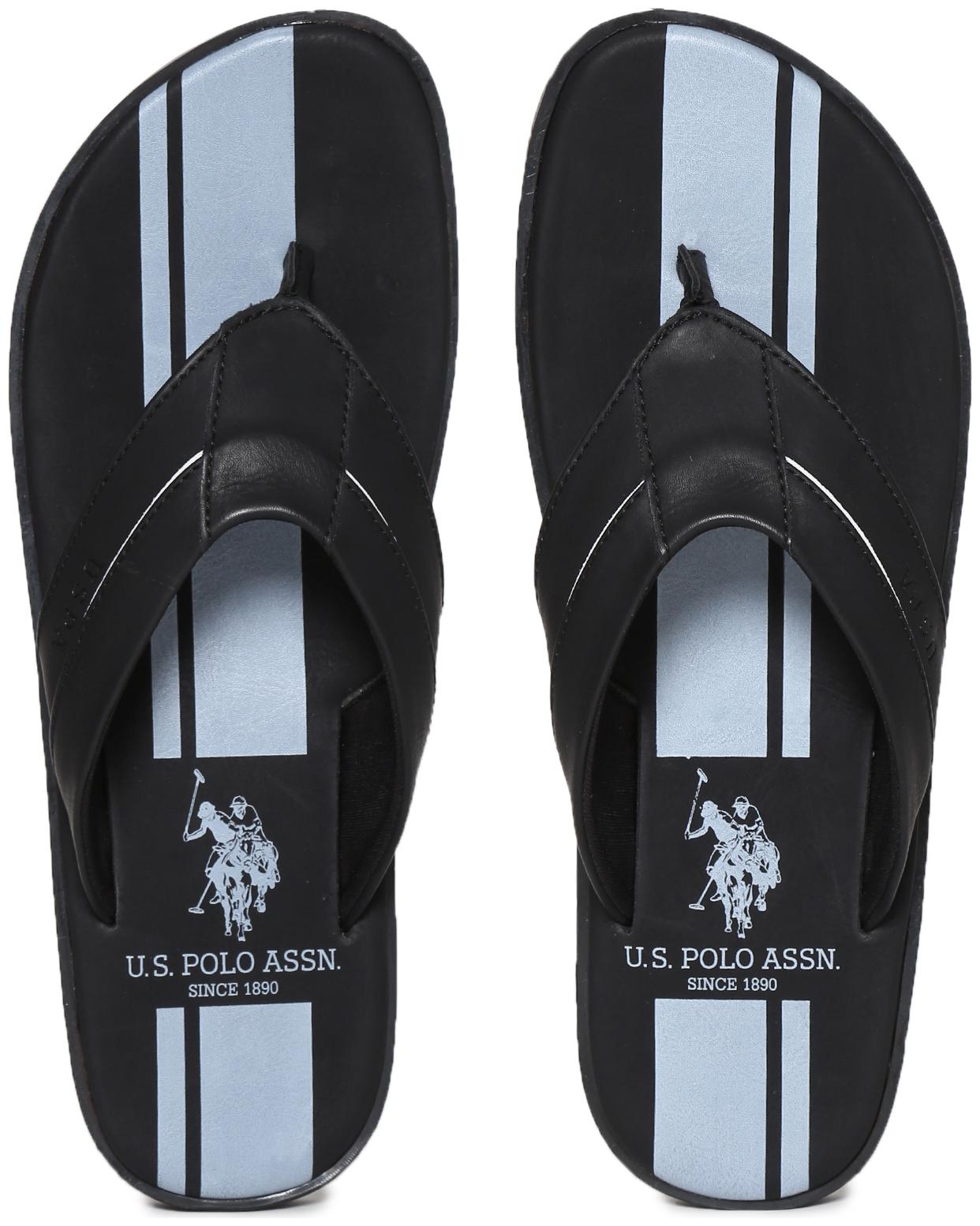 

U S Polo Assn PU Black Flipflop For Men(Black Broad V-Strap Printed Flip Flops)