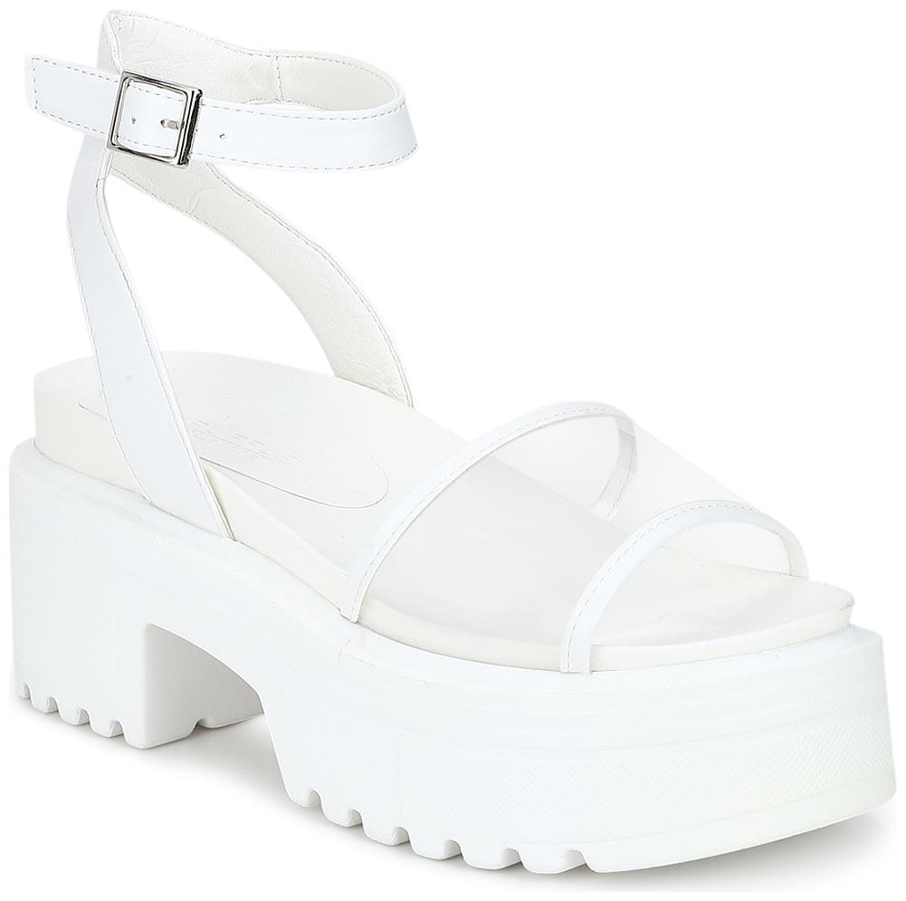 

White PU Perspex Cleated Bottom Ankle Strap Platform Block Heels