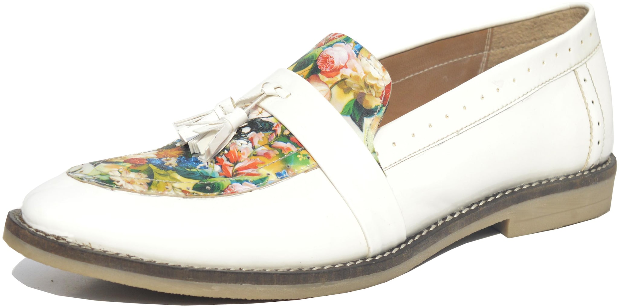 

Wolven Handmade White Flower Tassel Leather Loafer With TPR Black Sole