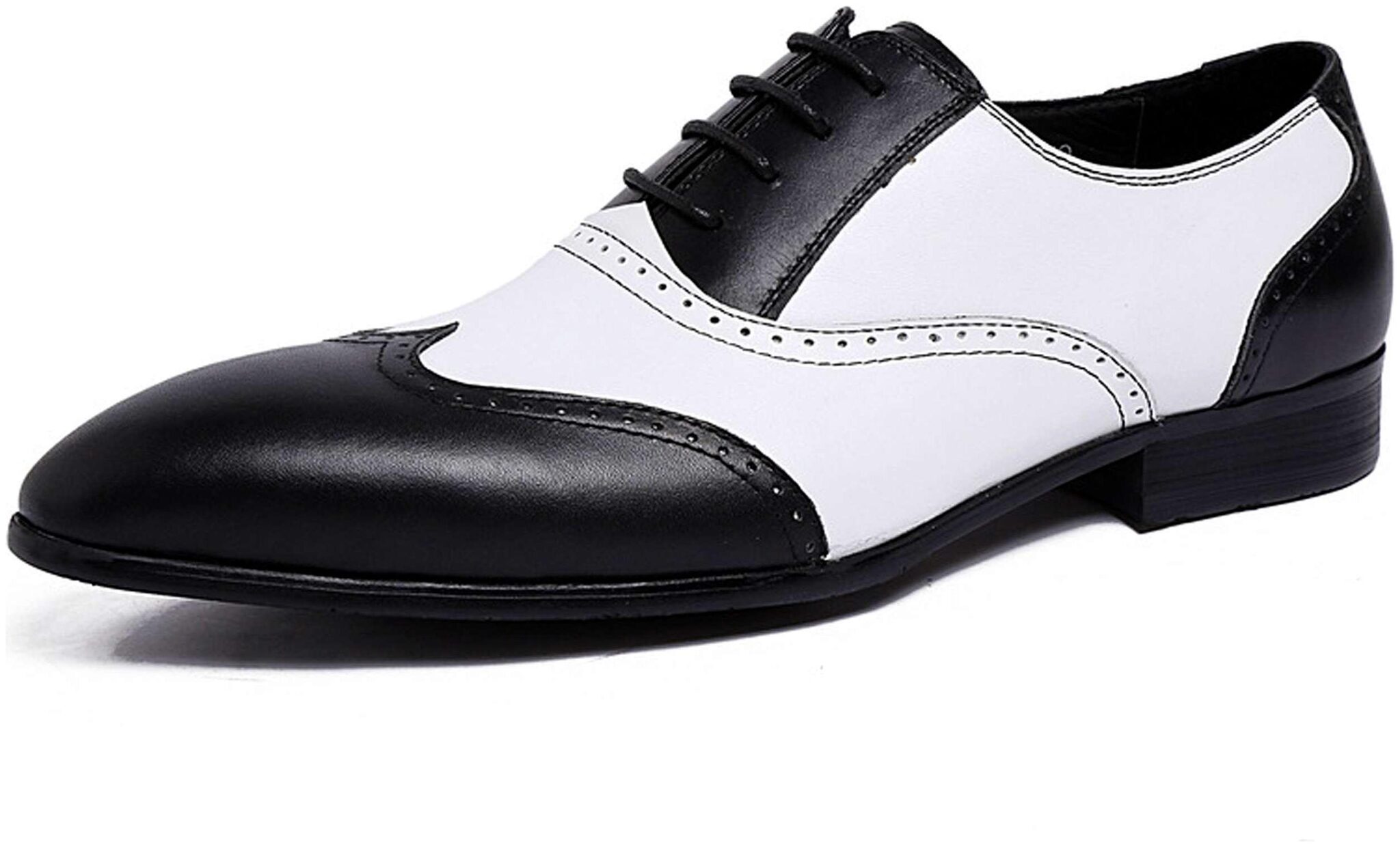 

Wolven Handmade Black and White Leather Wedding Shoes with TPR Black Sole
