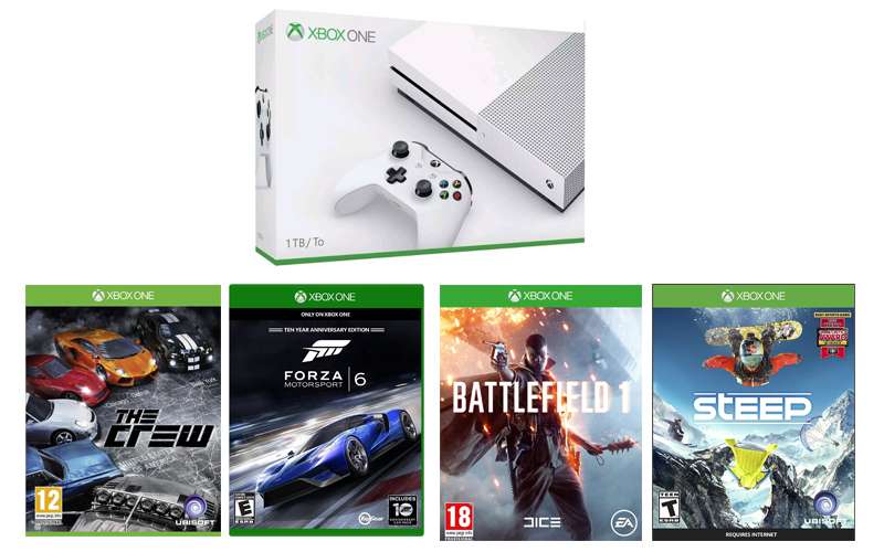 Microsoft Xbox One S Console 1TB GB (White) With Steep The Crew Forza Motorsport 6 and Battlefield 1