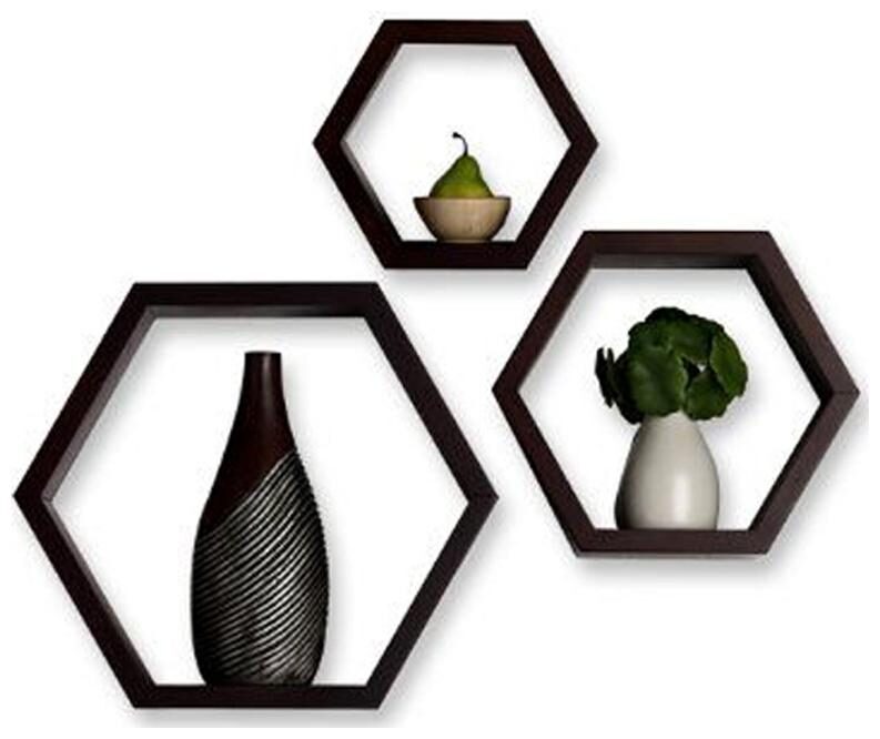 

DecorNation Wall Mount Shelves Black Bee Hive Shape Set Of 3 Hexagon Wall Shelves-Black