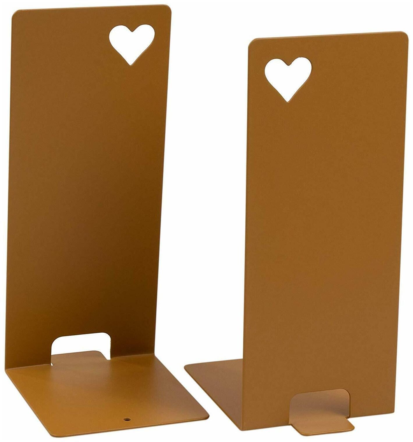 

1-Pair Antique Gold Bookends - Non-Skid Metal Bookend Supports with Heart Cutout