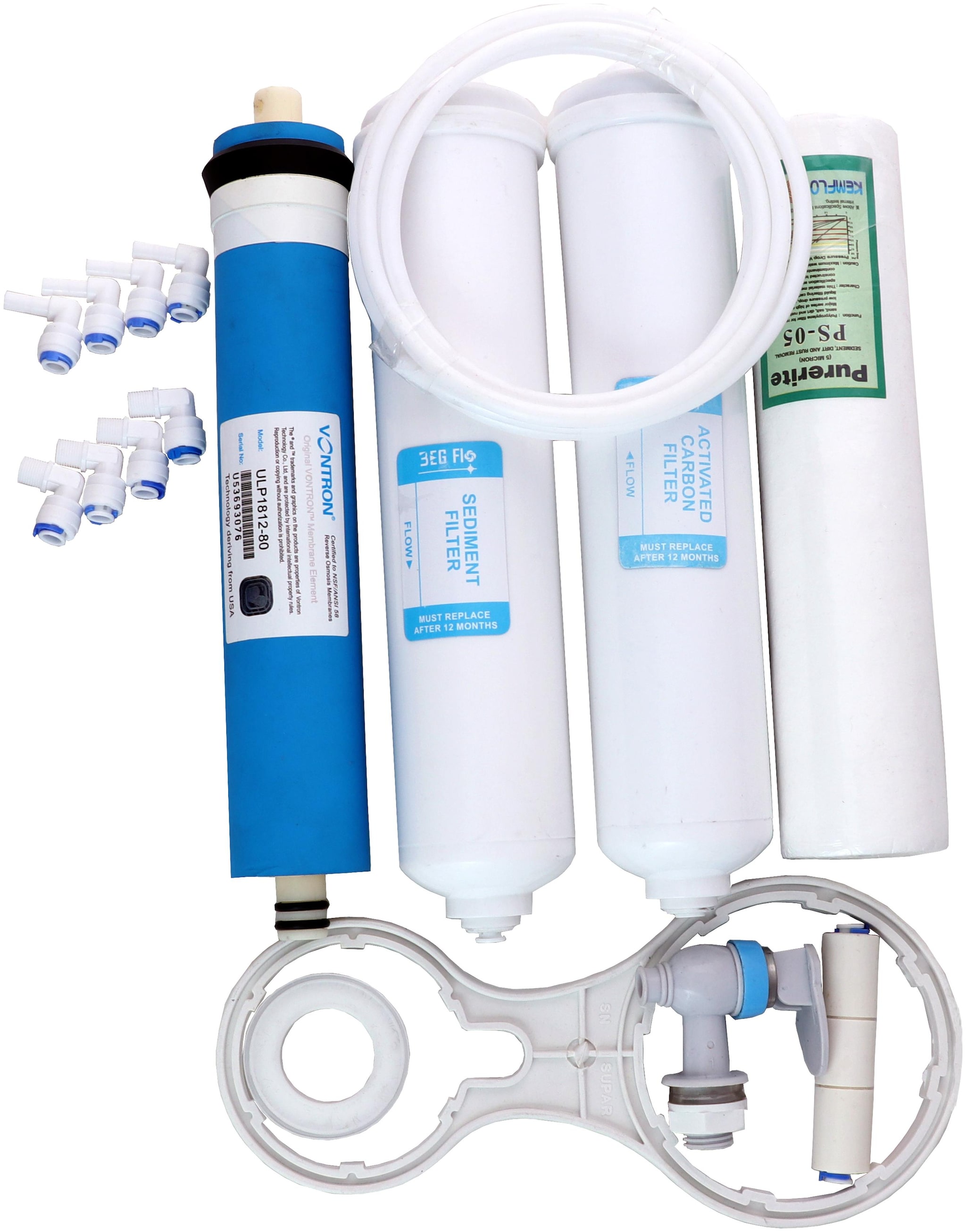

1 Year Service Kit For Kent All RO Water Purifier Inline Filters Vontron 80 GPD Spun Filter Pipe FR Connectors Tap Spanner