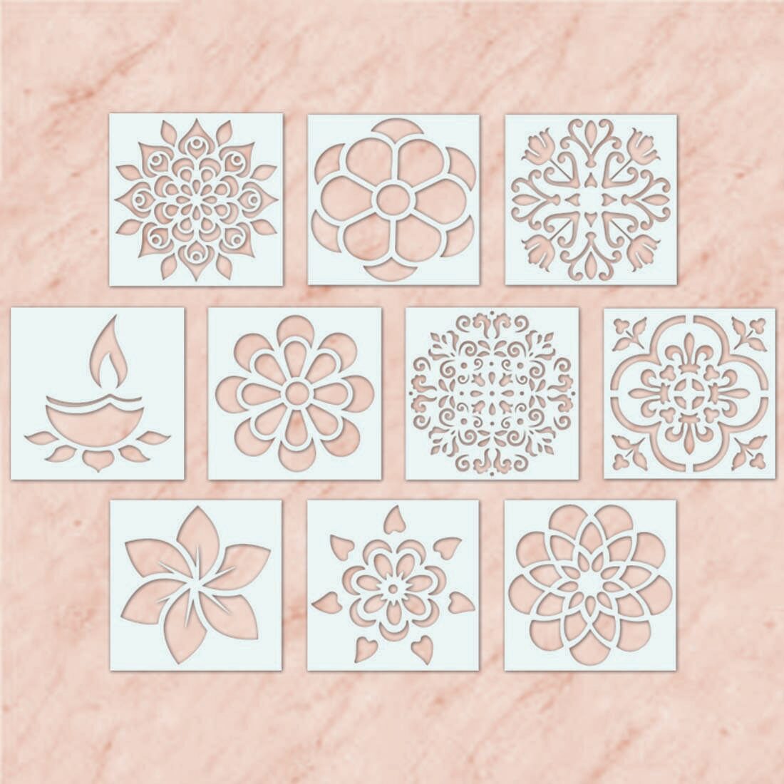

100yellow Diwali Rangoli Plastic Stencil 4x4 Inches (white) - Pack of 10