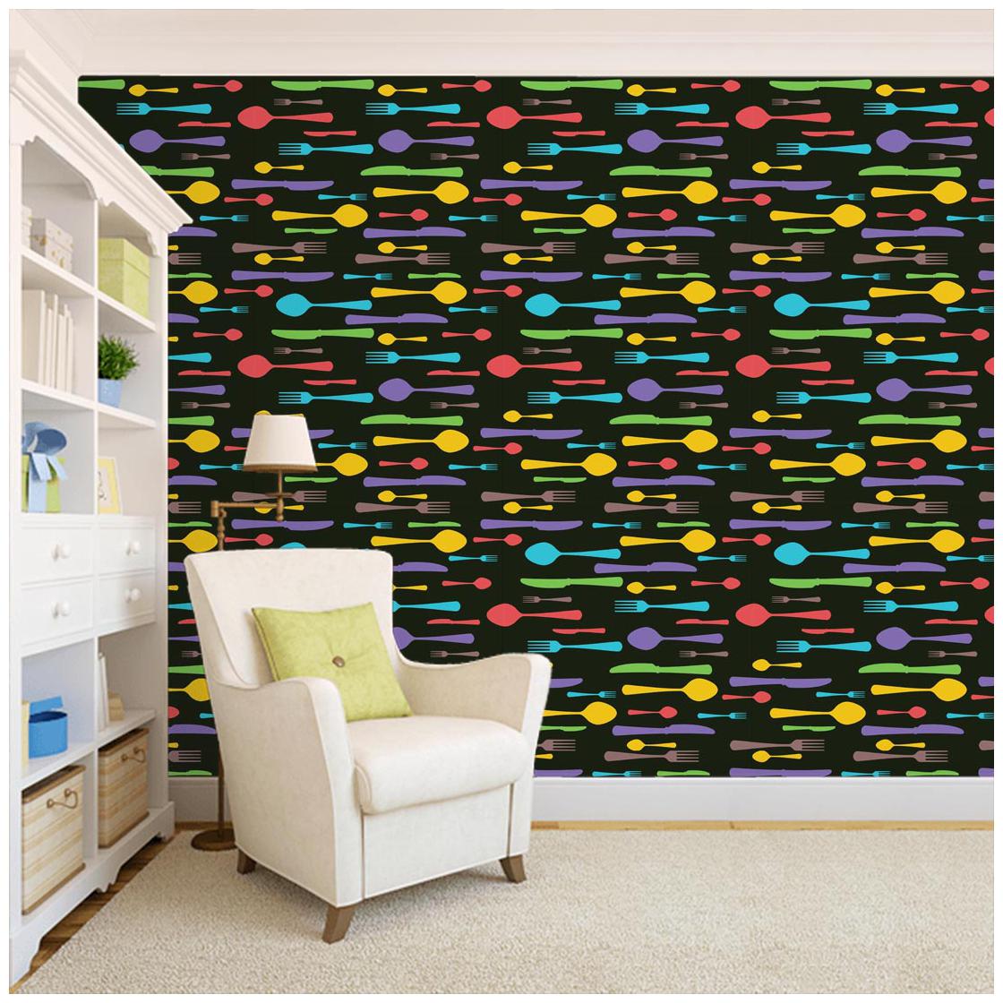 

100yellow Knife Spoon Black Color Printed Peel Stick Waterproof Wallpaper For Kitchen Cafeteria Decor- 26 7 Sqft