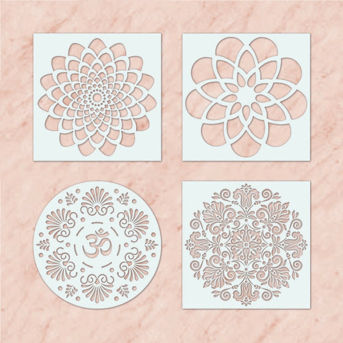 

100yellow Om Flower Diwali Rangoli Plastic Stencil 6x6 Inches (white) - Pack of 4