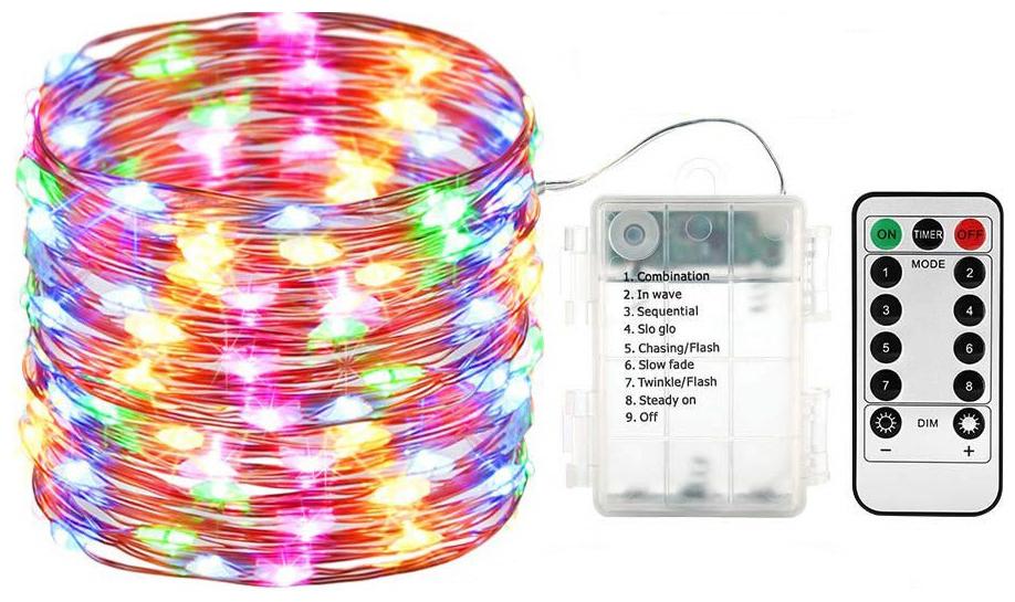 

10M 100Led Battery Box and Remote and 8 Mode Functions Copper Wire Led Fairy String Lights Festive Decoration (Multi Color)