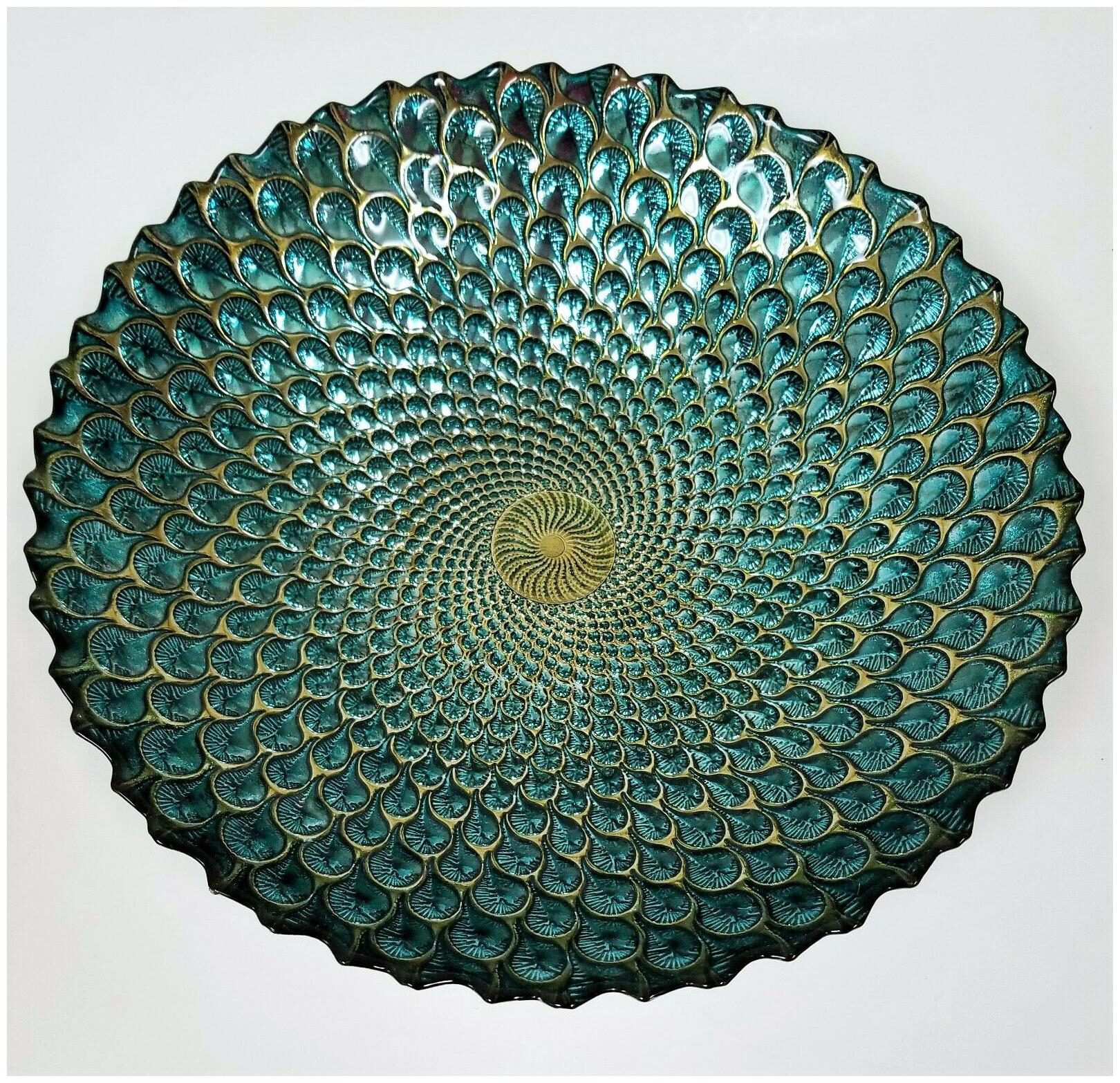 

16 ARTISTIC ACCNT PEACOCK TEAL GOLD 3D FORGED GENUINE SILVER GLASS BOWL PLATTER