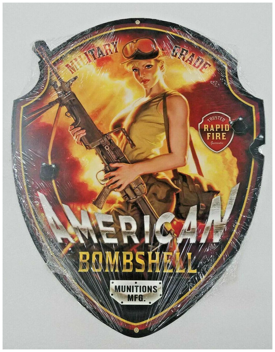 

17 pinup girl blonde American bombshell military grade USA steel metal gun sign