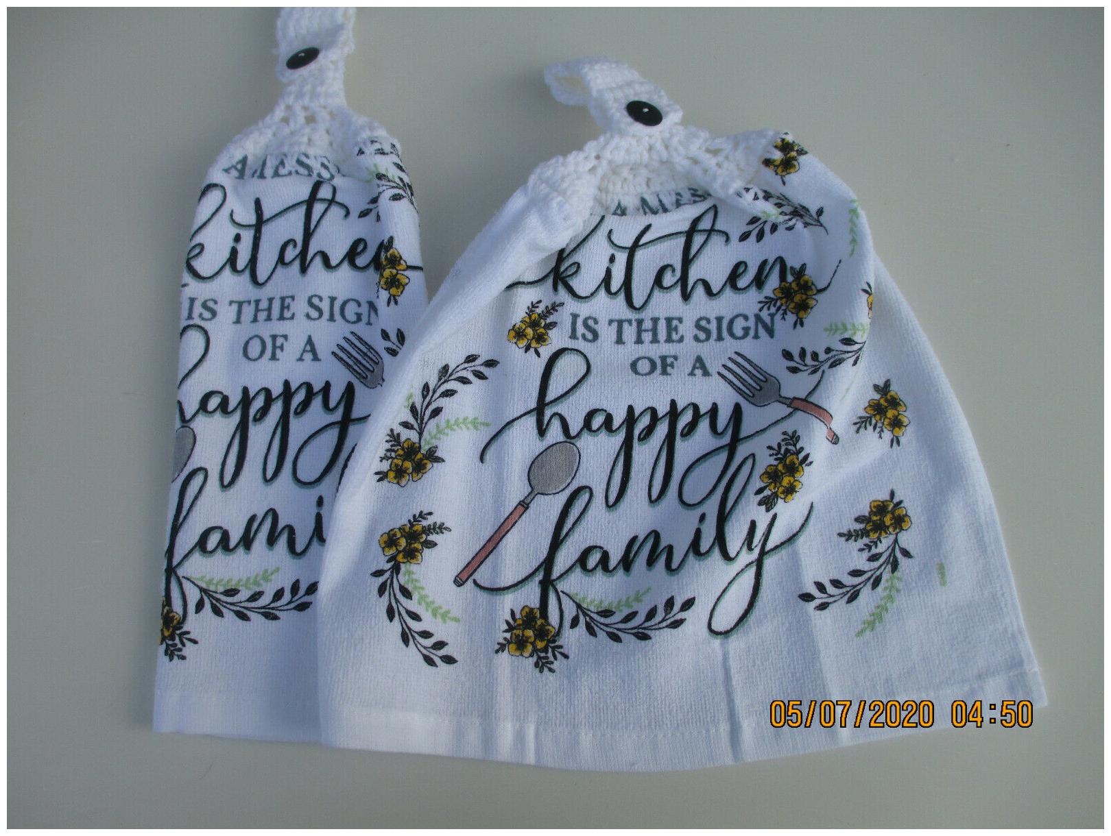 

2 Hanging Kitchen Dish Towels With Crochet Tops Messy Kitchen Sign Of Happy Home