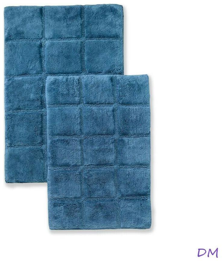 

2-Pc Sapphire Blue Superior Luxurious Cotton Checkered Non-Skid Bath Rug Set