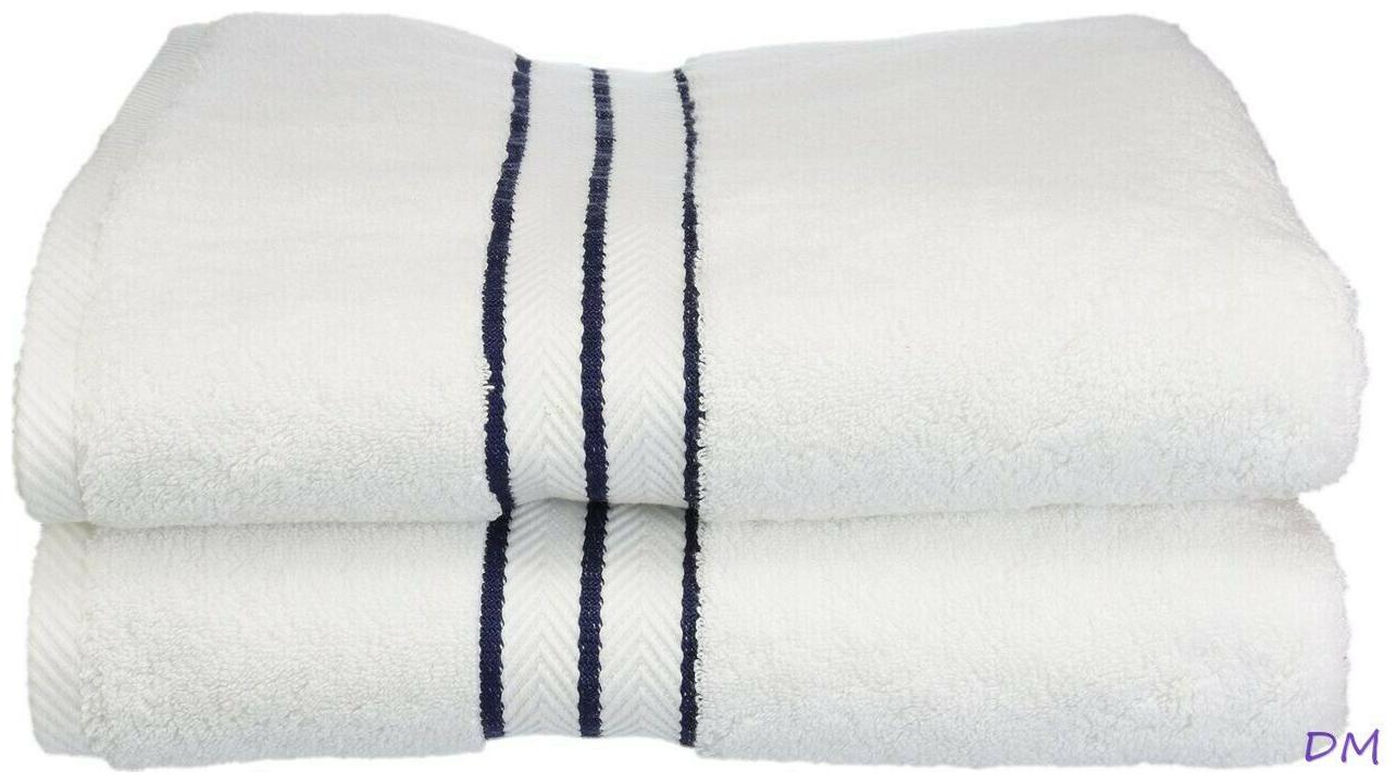 

2-pc Superior 900 GSM Egyptian Cotton White w Navy Border Bath Towel Set