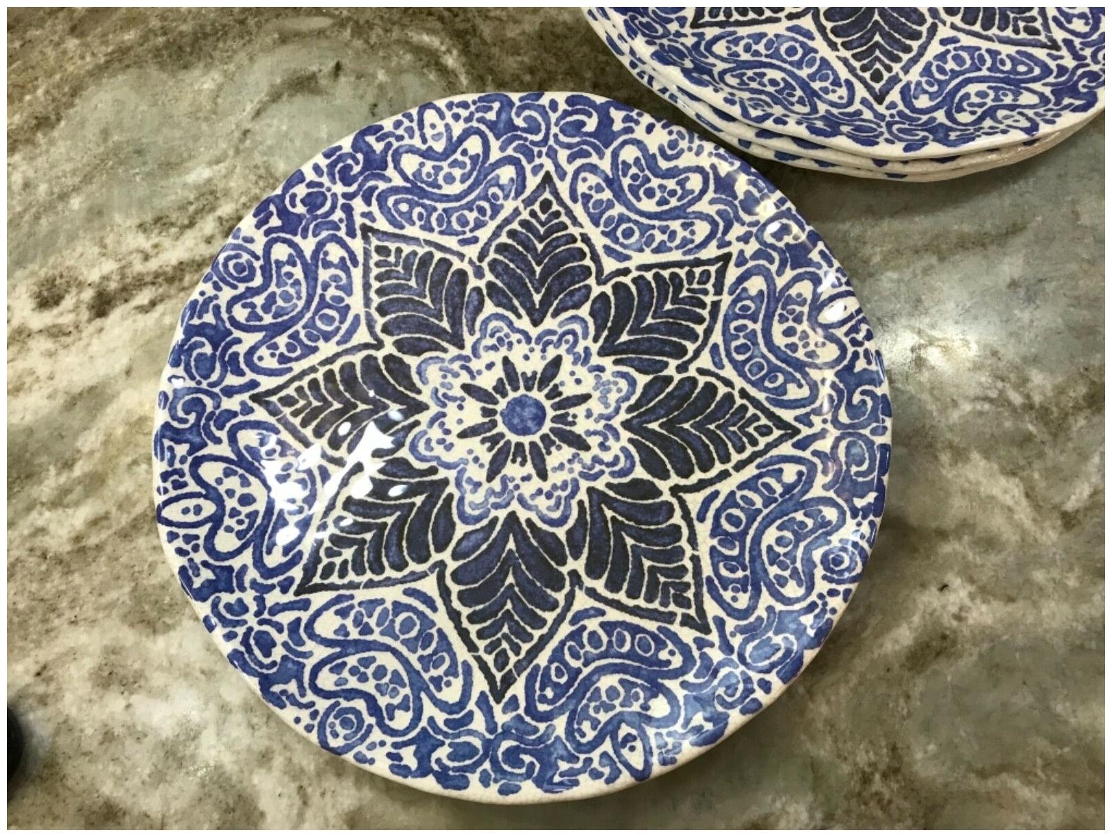 

222 Fifth Dinner Or Salad Plates Pasta Bowls Blue Abstract Melamine Set Of 4 New