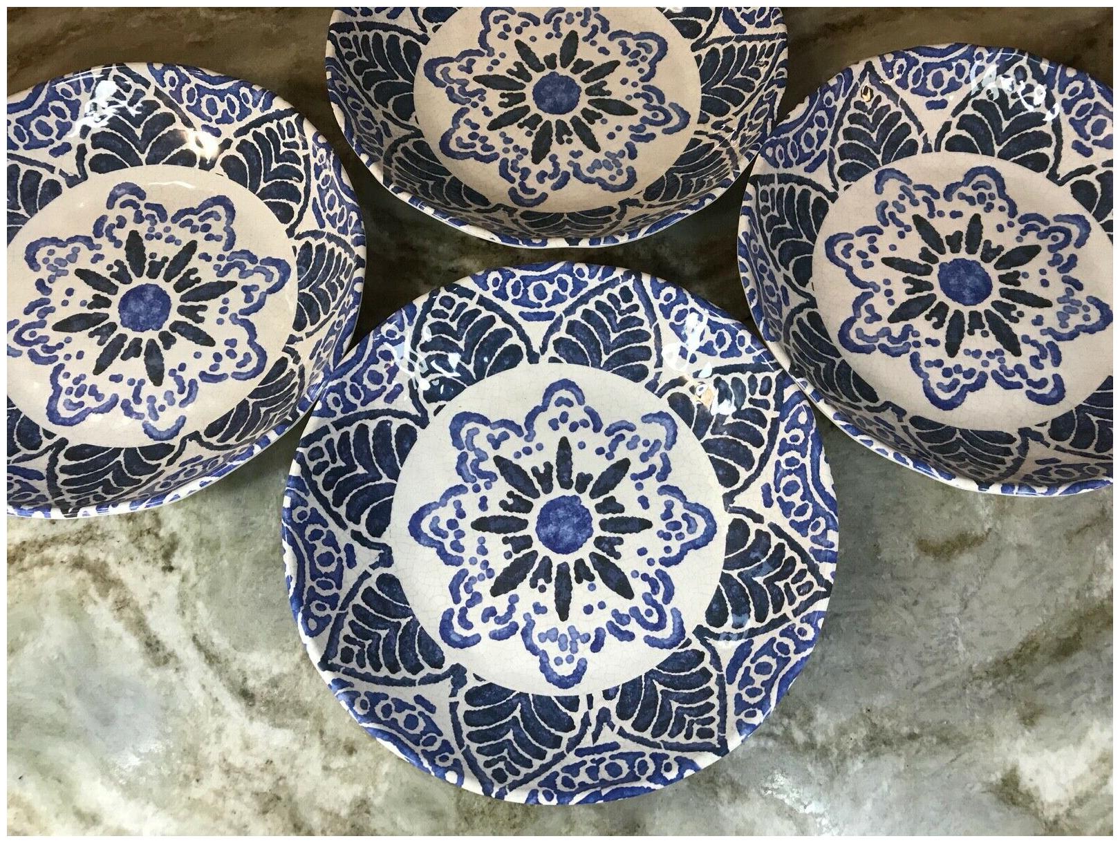 

222 Fifth Dinner Or Salad Plates Pasta Bowls Blue Abstract Melamine Set Of 4 New