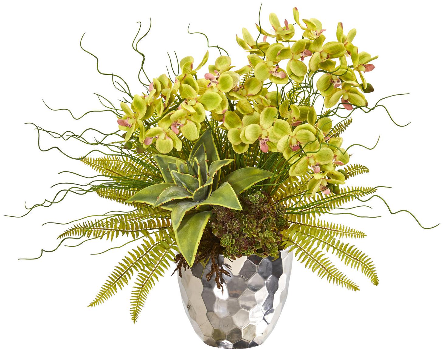 

25 Phalaenopsis Orchid Succulent Fern Green Nearly Natural in Silver Vase