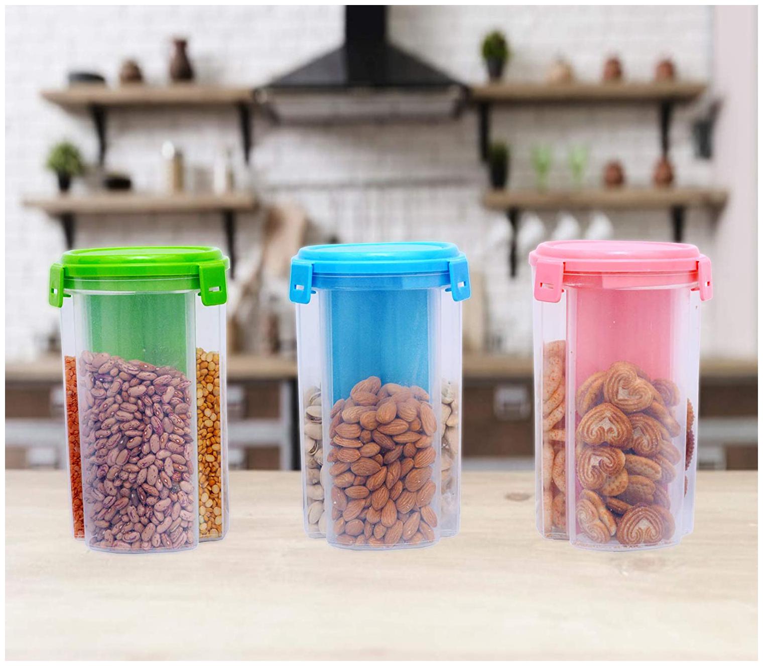 

2Mech 3 Section Transparent Plastic air Tight Container Cereal Dispenser Storage jar for Food in Fridge Kitchen Set of 3