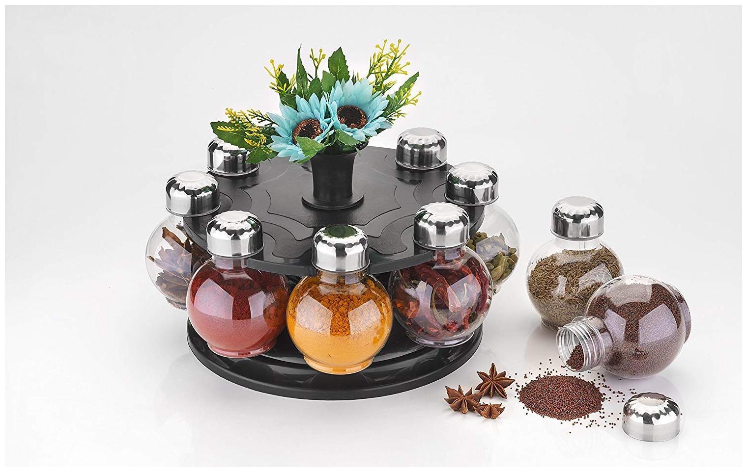 2Mech Multipurpose 8 Piece Condiment Revolving Plastic Spice Rack Set Metallic Siver Finish Medium