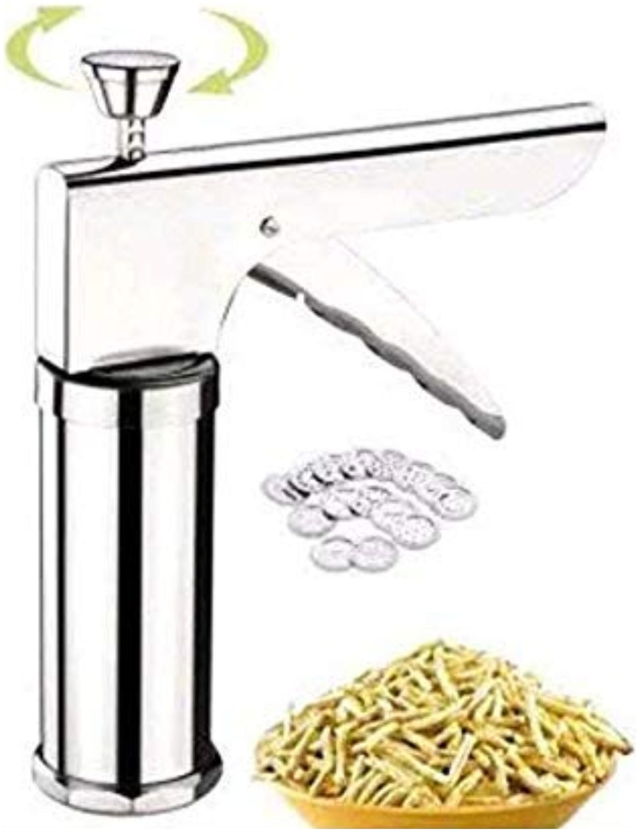 

2Mech Stainless Steel Kitchen Press Grater Cookies Indian Snakes Murukku Farsan Sev Maker with Jalis (Silver)