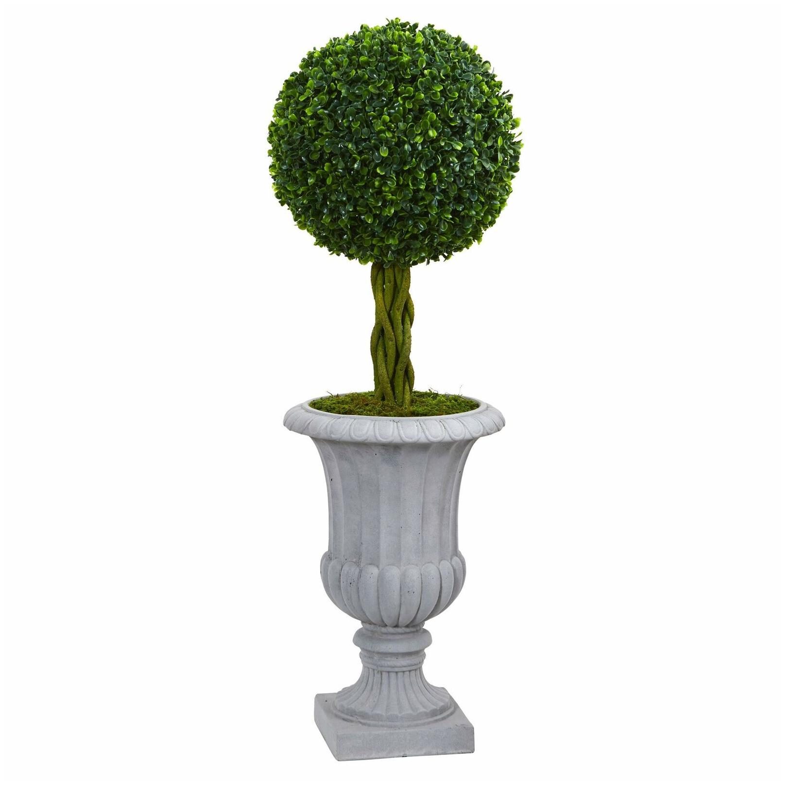 

3 Braided Boxwood Topiary Artificial Tree in Gray Urn UV