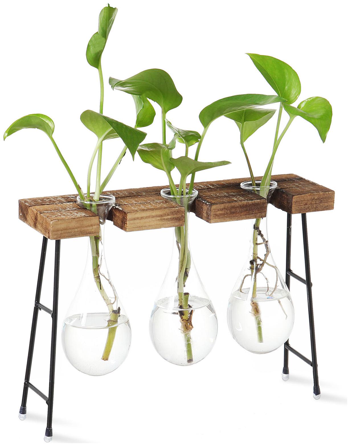

3-Glass Boiling Flask-Style Flower Vases with Rustic Wood Metal Tabletop Stand
