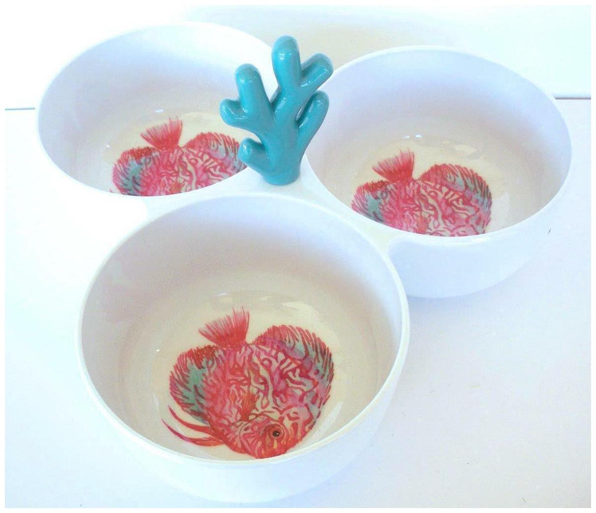 

3 Section Coastal Fish Dip Bowls Divided Tropical Melamine Snack Server