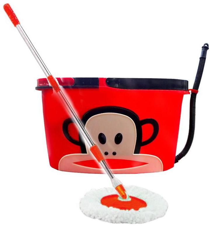 

360 deg spin Mop Rotating Pole Bucket No Foot Pedal with 2 Microfiber Heads ( Red Color)