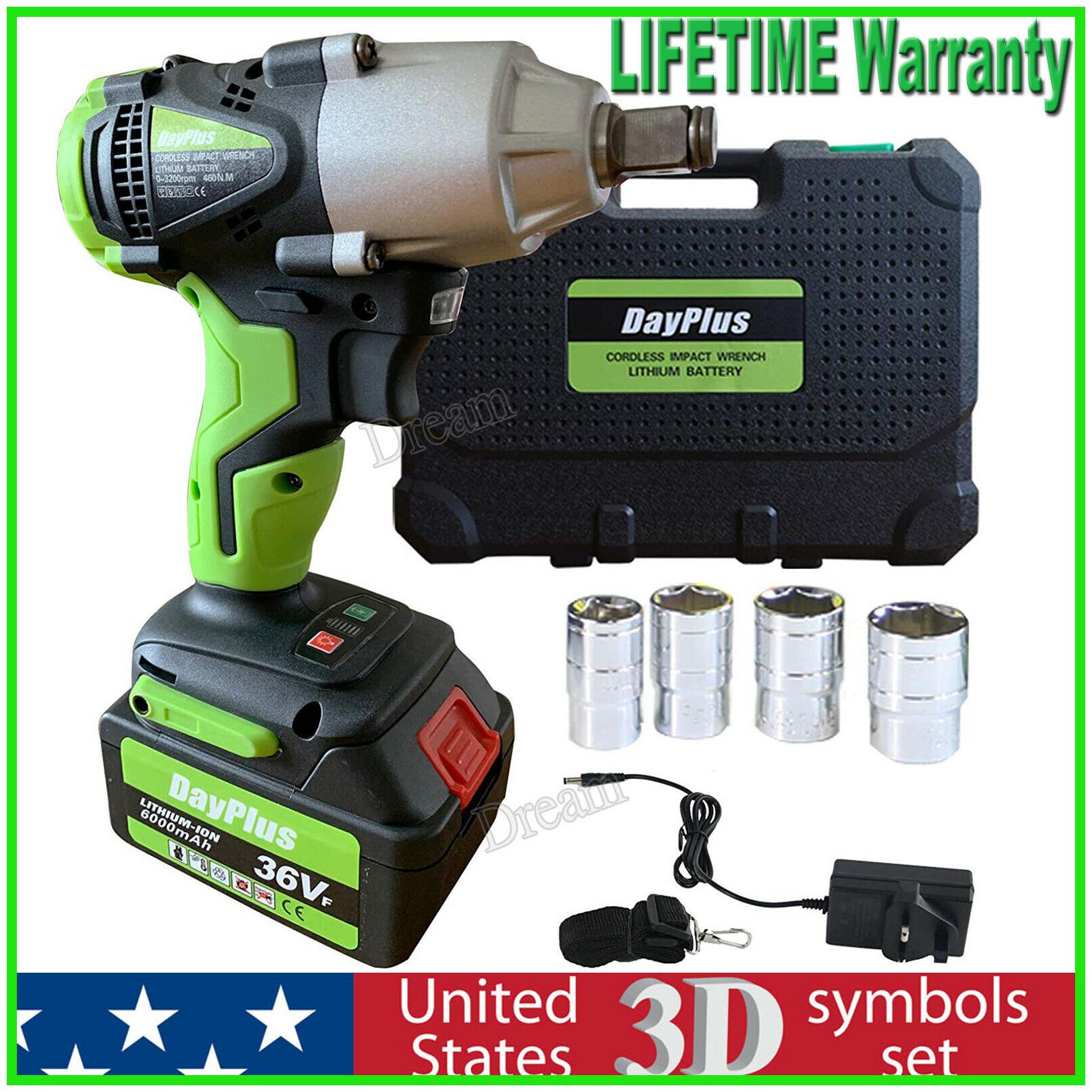 

36VF 420Nm Impact Wrench Electric Cordless 1 2 Inch Driver Tool Case Battery