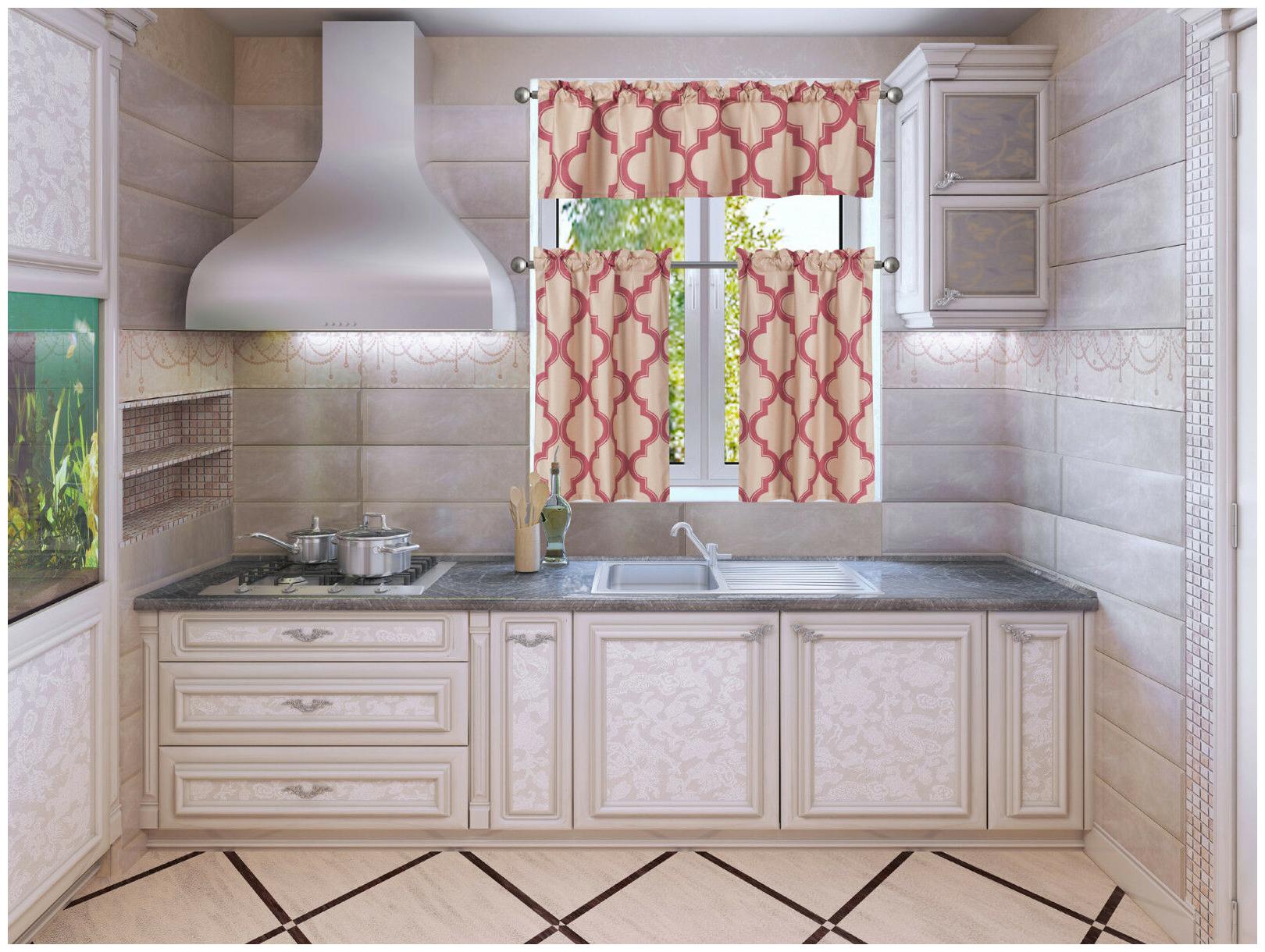 

3PC SET FAUX SILK SMALL KITCHEN WINDOW CURTAIN GEOMETRIC PRINTED LINED BLACKOUT